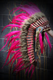 Y04 Indian Native American Style ,  Medium Pink Feather Headdress (36 inch long ).