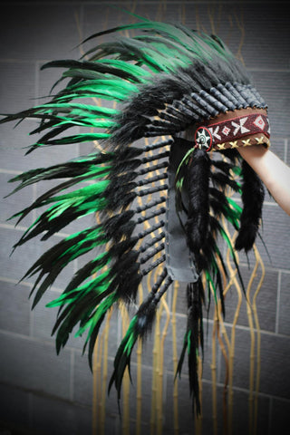 Y55 - Medium  Green  Feather Headdress (36  inch long )/ war bonnet
