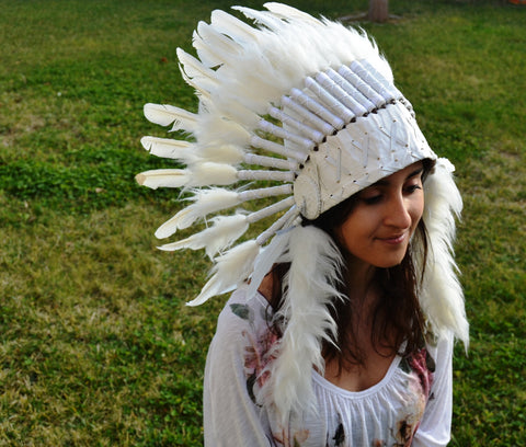 X10 White Feather Headdress ( short size) 23 inch head circumference