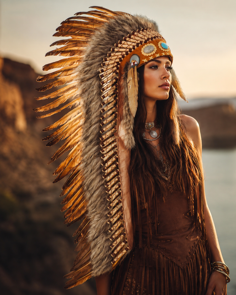 Brown Feather Headdress with Turquoise Details – Long Boho Festival Headpiece for Photoshoots, Performances and Statement Costumes(43 inch Long )