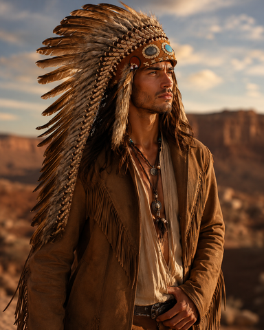 Brown Feather Headdress with Turquoise Details – Long Boho Festival Headpiece for Photoshoots, Performances and Statement Costumes(43 inch long )