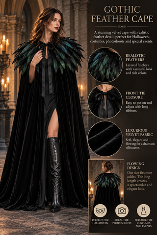 Black Velvet Gothic Cape with Feather Collar – Dark Queen Halloween Cloak