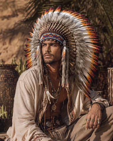 Y31- Festival Feather Headdress – MEDIUM Brown White & Sunset Orange Statement Piece