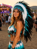 B33-Turquoise Black and White Feather Headdress – Festival Statement Headpiece