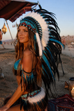 B33-Turquoise Black and White Feather Headdress – Festival Statement Headpiece