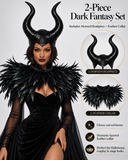 Dark Queen Horned Headpiece & Black Feather Collar – 2-Piece Gothic Halloween Costume Set