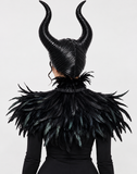 Dark Queen Horned Headpiece & Black Feather Collar – 2-Piece Gothic Halloween Costume Set