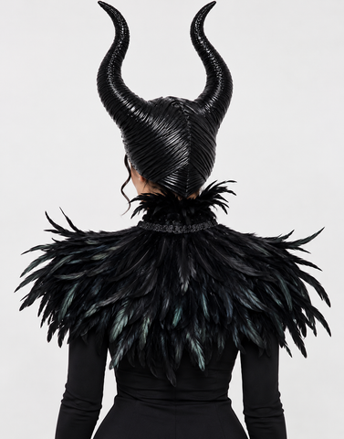 Dark Queen Horned Headpiece & Black Feather Collar – 2-Piece Gothic Halloween Costume Set