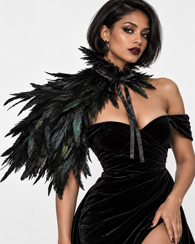 Black Raven Feather Shoulder Cape – Gothic One Shoulder Wrap