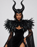 Dark Queen Horned Headpiece & Black Feather Collar – 2-Piece Gothic Halloween Costume Set