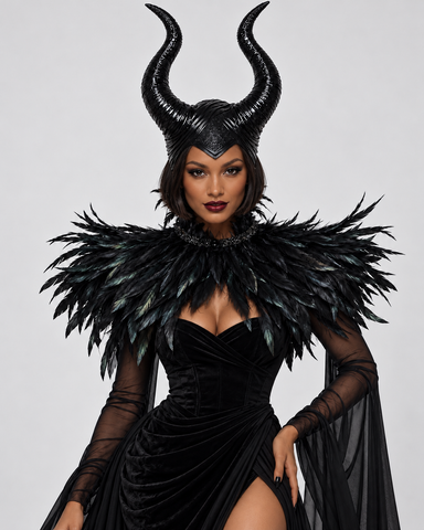 Dark Queen Horned Headpiece & Black Feather Collar – 2-Piece Gothic Halloween Costume Set