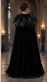 Black Velvet Gothic Cape with Feather Collar – Dark Queen Halloween Cloak