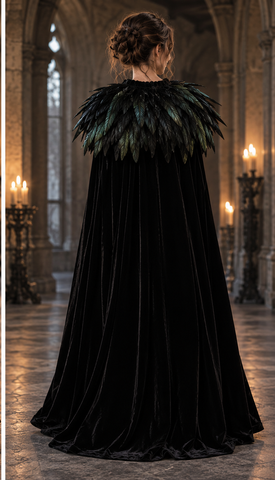 Black Velvet Gothic Cape with Feather Collar – Dark Queen Halloween Cloak