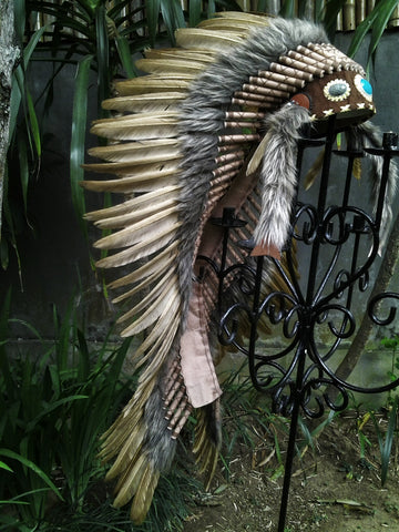 PRICE REDUCED Z30 Extra Large Brown Feather Headdress (43 inch long ), Native American Style