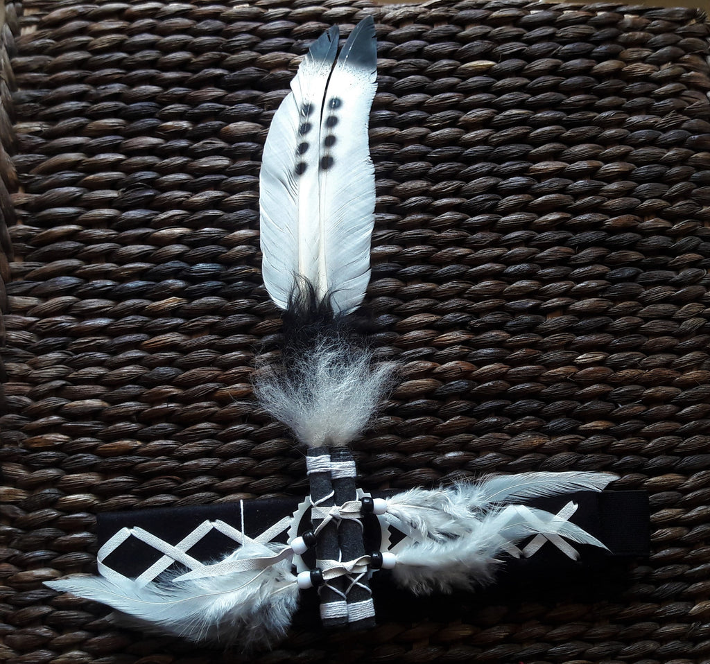 H7- Headband black and white colors swan  Feathers and  feathers hanging