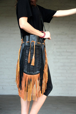 N45G-  Big Fringe leather bag, Indian leather Handbag, Native American Style bag. Crossbody bag