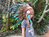 N33- De 5-8 ans Enfant/Enfant : Coiffe indienne turquoise et plumes noires 21 pouces. – 53,34 cm.