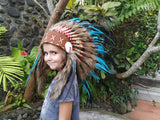 N33- From 5-8 years Kid / Child's: Indian turquoise and black feather Headdress 21 inch. – 53,34 cm.