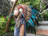N33- From 5-8 years Kid / Child's: Indian turquoise and black feather Headdress 21 inch. – 53,34 cm.