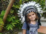 K07 Pour Enfant / Enfants De 5 à 8 ans : Coiffe de chef indien en plumes noir et blanc / Bonnet de guerre style amérindien pour les plus petits
