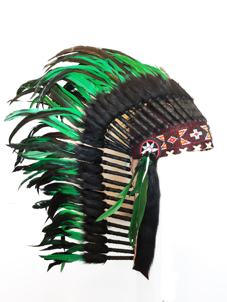 PRICE REDUCED M35 - Medium  Green  Feather Headdress (36  inch long )/ war bonnet