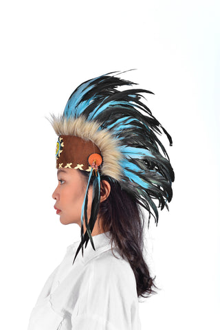 Tocado de plumas indias, inspirado en los nativos americanos. Gorro de guerra, diadema. Sombrero Turquesa