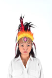 Coiffe indienne en plumes, d'inspiration amérindienne. Bonnet de guerre, bandeau. Chapeau Orange&amp;jaune