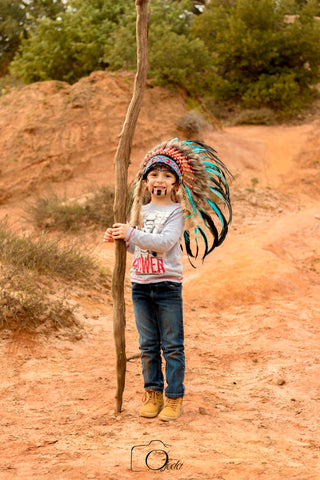 N33- De 5-8 años Infantil / Infantil: Tocado de plumas turquesa india y negra de 21 pulgadas. – 53,34cm.