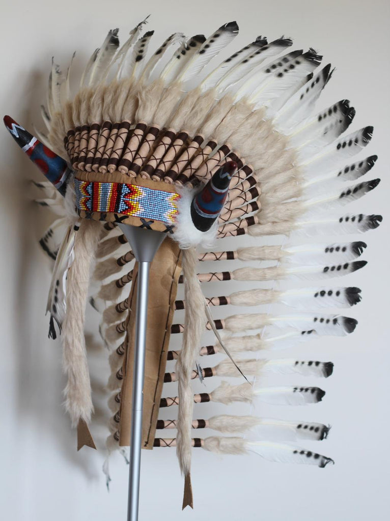 PRICE REDUCED Y29 Medium black and white Feather Headdress with horns ( 36inch long)