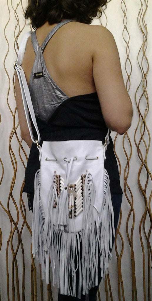 N45M- Reduced Price! Medium  White Indian leather Handbag, Native American Style bag.Crossbody bag