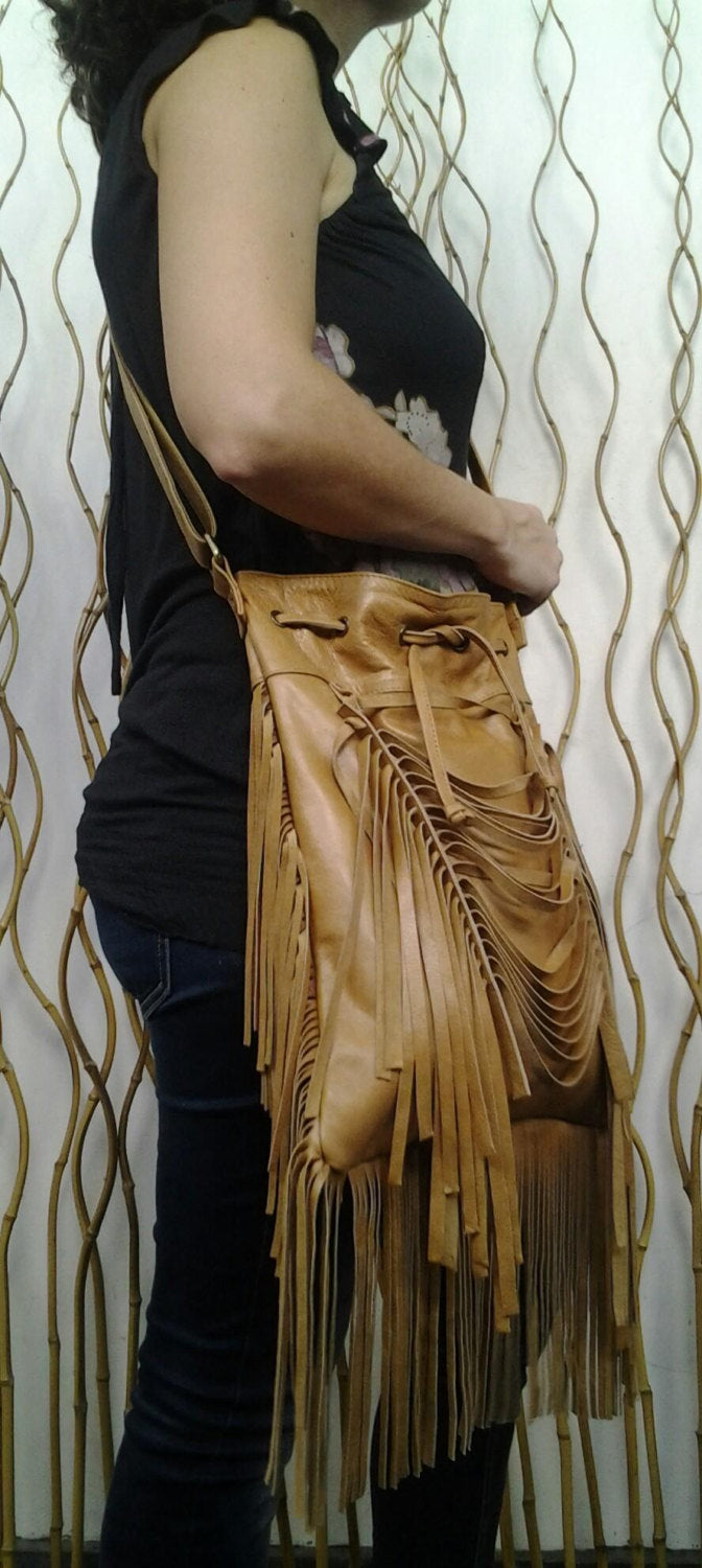 REDUCED PRICE!! Boho leather fringe bag, Camel color  display picture 3