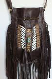 N47M- Sac à main en cuir indien brun foncé moyen, sac de style amérindien. Sac bandoulière. Sac Bohème