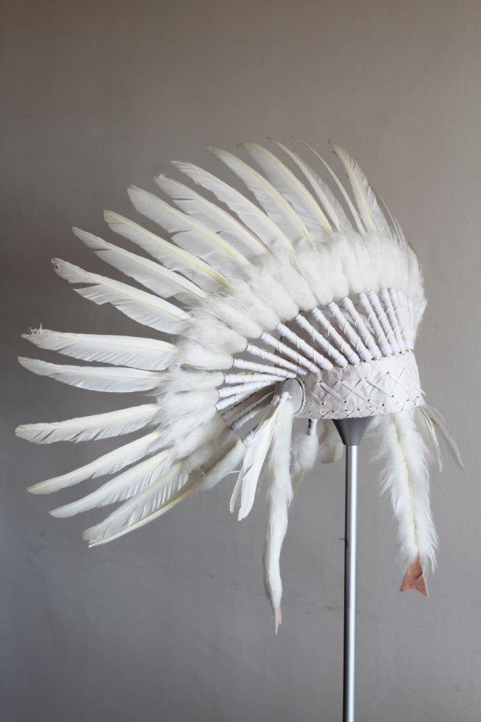 2024 Short Indian Headdress Replica made with Silver Swan feathers with shining Silver fabric in the front