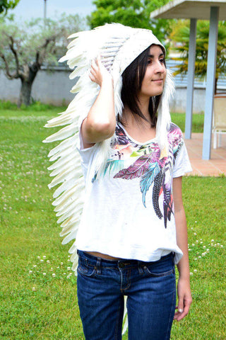 PRICE REDUCED N101- Extra Large Indian White Feather Headdress Headdress (43 inch long )