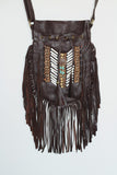 N47M- Sac à main en cuir indien brun foncé moyen, sac de style amérindien. Sac bandoulière. Sac Bohème