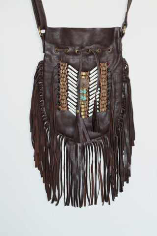 N47M- Medium Dark Brown Indian leather Handbag, Native American Style bag. Crossbody bag. Boho Bag