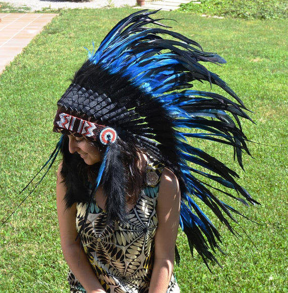 PRICE REDUCED Y06 Indian Native American Style , War bonnet , Medium Electric Blue Feather Headdress (36 inch long )..
