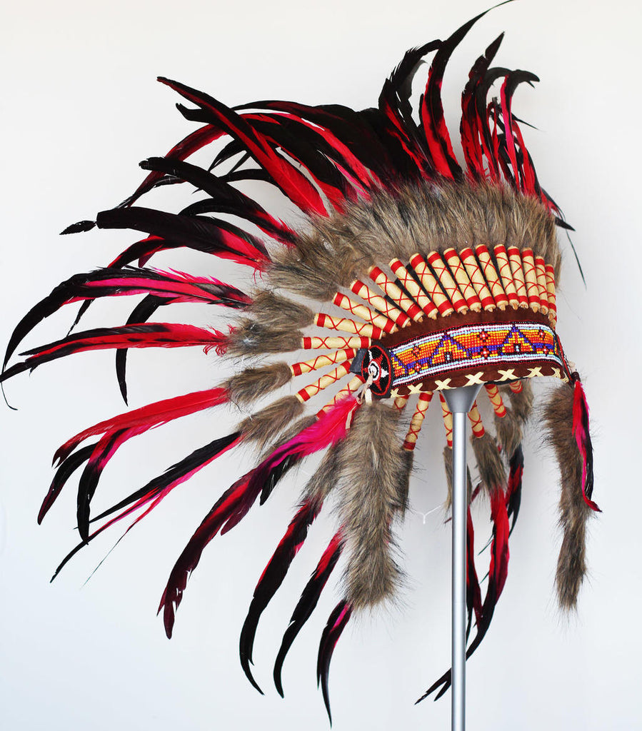 PRICE REDUCED X11 - Indian Red and Black Feather Headdress / Warbonnet
