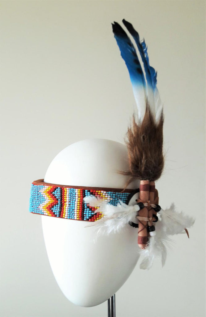 H9p - Beaded for kids work  headband with large swan  blue  colour Feathers for childrens