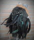 Real Feather Warrior Indian Headdress  with  Horns, Native American Costume Hand Made and  Horns WarBonnet Hat