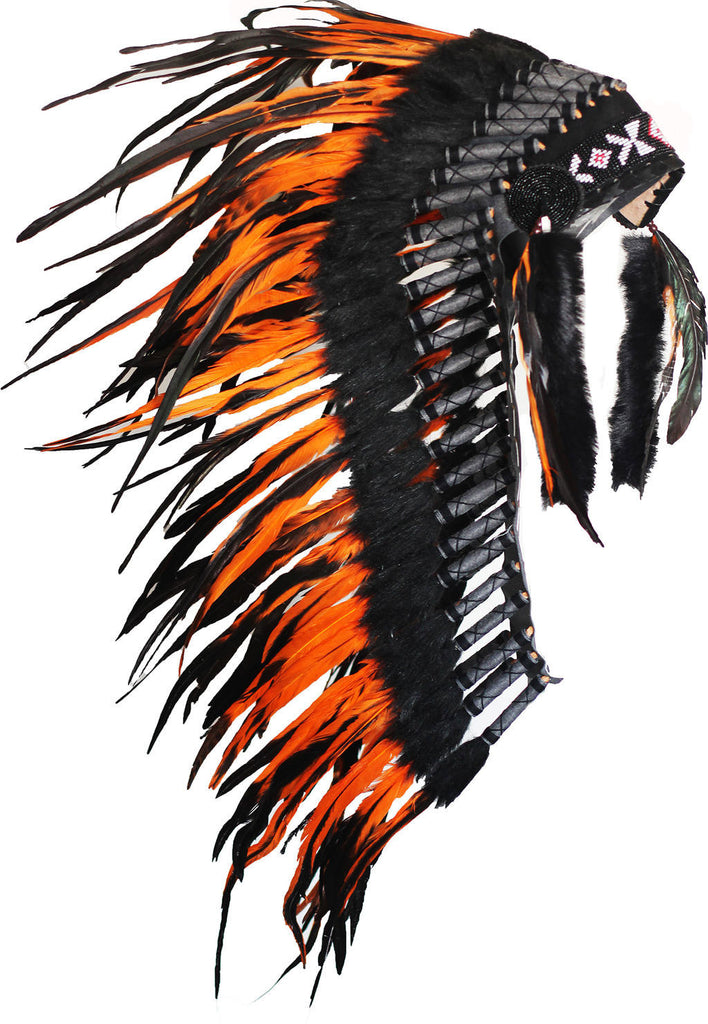 PRICE REDUCED - Y23 -  Indian Native Medium  Orange  Feather Headdress (36  inch long )/ war bonnet.