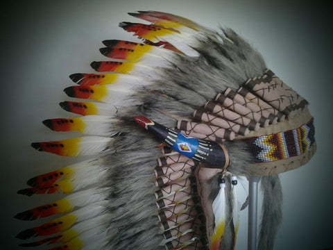 PRICE REDUCED Medium Indian Feather headdress three colors , Feather Headdress with horns ( 36inch long)