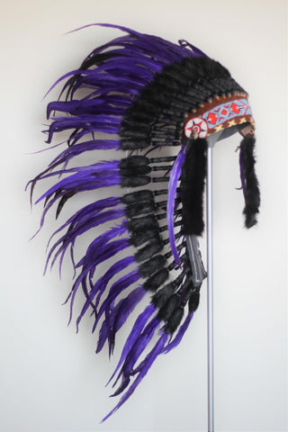 PRECIO REDUCIDO . Y03 Tocado de plumas de estilo indio de color morado medio/gorro de guerra de estilo nativo americano (36 pulgadas de largo).