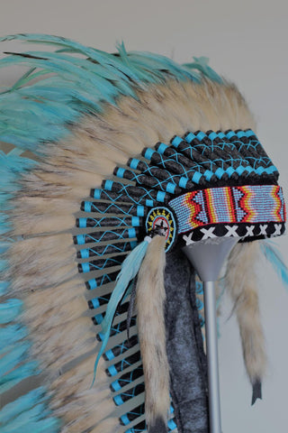 Y34 - PRICE REDUCED Medium Indian Style  Turquoise Feather Headdress (36 inch long ).