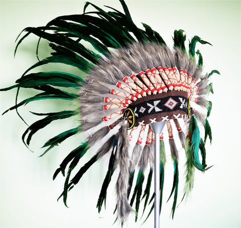 X56 - Green Feather Headdress / Warbonnet. Native American Style