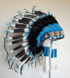 X45 - Coiffe de plumes de style indien /bonnet de guerre noir et bleu (30 pouces / 75 cm)