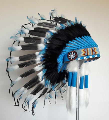 X45 -  Indian Style Feather Headdress /black and blue warbonnet  (30 inch / 75 cm)