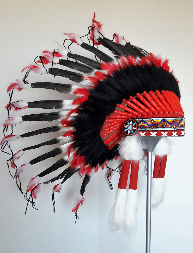 X54 -  Indian Style Feather Headdress /black and red warbonnet  (30 inch / 75 cm)