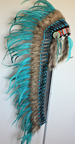 PRICE REDUCED . Z34 -  Extra Large Turquoise Feather Headdress (43 inch long )