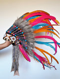 N27 - From 5-8 years Kid / Child's: Turquoise , orange, pink  and black feather Headdress 21 inch. – 53,34 cm.